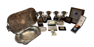 Colección de trofeos, reconocimientos y medallas (18 piezas) de Mariano Gonzalvo Falcón, plata, España, años 1940 - 1960
