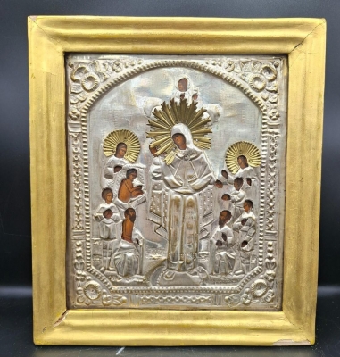 Icono ruso de la Advocación de la Virgen en marco dorado y caja en madera y cristal de época