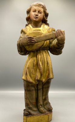Escultura en madera policromada, ángel músico del siglo XVIII
