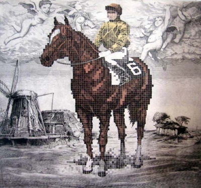 Fernando Bellver, aguafuerte, jinete a caballo, 1984