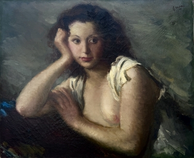 Francesc Serra Castellet, semidesnudo femenino, óleo sobre lienzo, 1946, Sala Parés