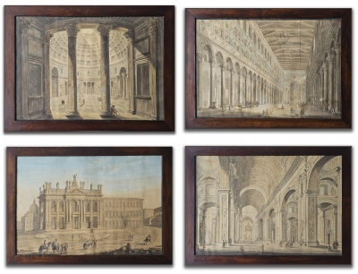 Conjunto de 4 dibujos académicos de arquitectura, acuarela y tinta aguada, vistas de Roma, firmados por Augusto Martínez, Roma, 1937