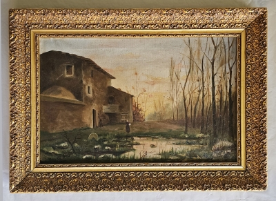 Paisaje costumbrista catalán, pintura al óleo, siglo XIX-XX