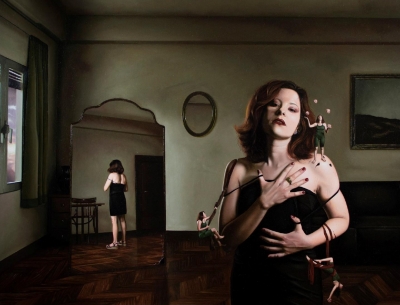José Carlos Díaz Ruano, pintura hiperrealista, mujer en interior, 2022