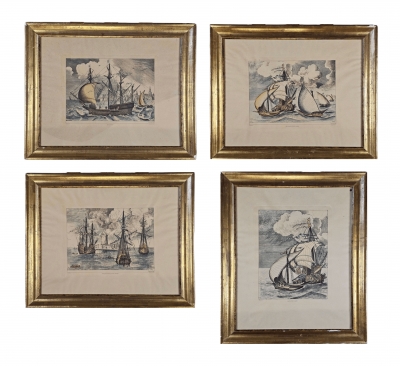 Colección de 4 grabados náuticos, según Pieter Bruegel el Viejo, edición en papel verjurado con filigrana del siglo XIX