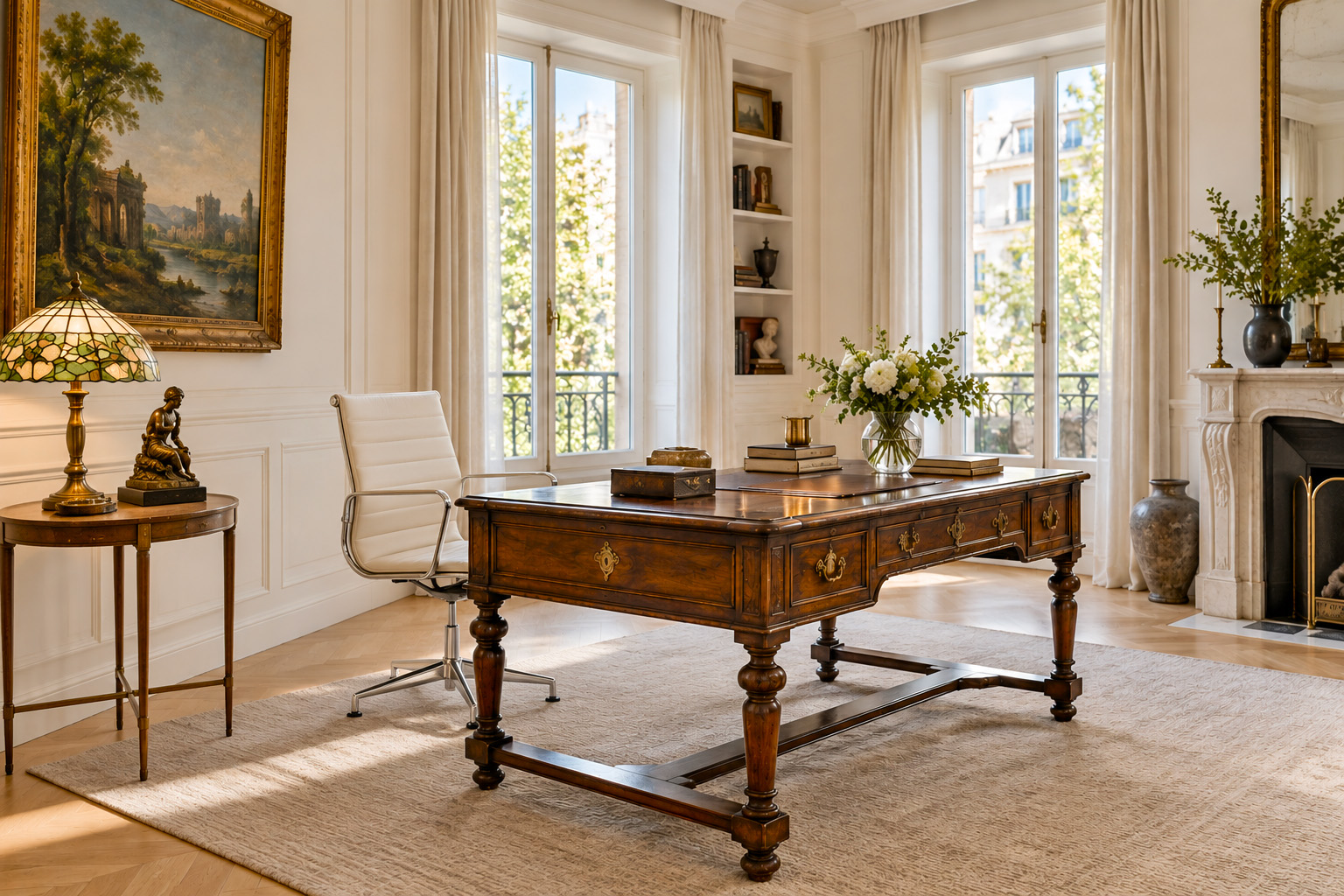 decoración de un despacho contemporáneo con piezas antiguas