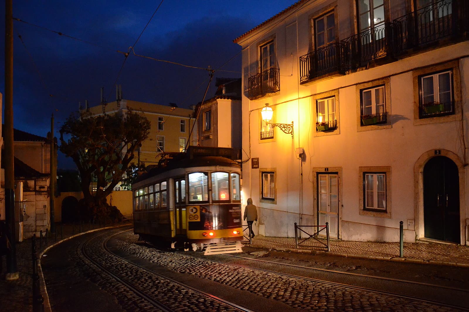 A Lisbon tram at night